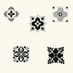 some black and white designs on a white background, including an image of a flower