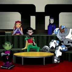 cartoon characters sitting in front of a table