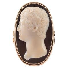 The portrait head, facing right, with short hair and clean shaven, in a later ring mount, ring size 8 length 29mm, width 16mm Engagement Rings For Men 1stdibs, Cameo Rings For Sale, Man Ring, Clean Shaven, Gold Solitaire Ring, Ring Mountings, Cameo Ring, Gold Signet Ring, Vintage Engagement