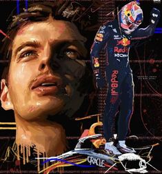 a digital painting of a man wearing a red bull racing suit