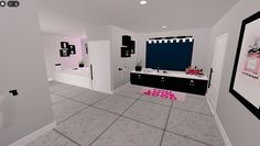 the bathroom is decorated in black and white with pink rugs on the tile floor