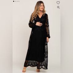 Size: Small A Lace Mesh Overlay Maternity Maxi Dress Featuring Beautiful Scalloped Trim, Semi-Sheer Long Cinched Sleeves And Back, A V-Neckline, And A Hook And Hidden Zipper Back Closure. Bust And Skirt Are Double Lined To Prevent Sheerness. Size + Fit * Length: 57" * Sleeve Length: 21.5" * Measured From: Small * Undergarments: May Be Worn With A Standard Bra Lace Black Maternity Dress, Black Baby Shower Dress, Sequin Maternity Dress, Black Maternity Dress, Pink Blush Maternity Dress, Cute Maternity Dresses, Maternity Dresses For Baby Shower, Long Sleeve Maternity Dress, Shower Dress