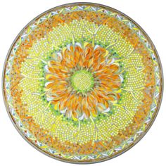 a yellow and green plate with an orange flower in the center on a white background