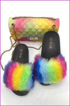 Black/White Sole Rainbow Color Fluffy Fur Slides F1203 - Furdela Trendy Multicolor Flat Slippers, Multicolor Flat Synthetic Slippers, Door Shoes, Bling Flip Flops, Tie Dye Shoes, How To Dye Shoes, Jelly Bag, Cheap Shoes Online, Cute Slippers