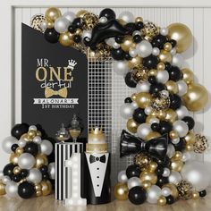 A NEW stunning black white and gold themed balloon garland with giant bow tie and moustache balloons. A perfect main feature for son's Onederful Theme first birthday party, or a gentleman's evening and Black Tie New Years Eve Party! Create a photo backdrop you have dreamt of that will become a talking point of your event! WHAT'S INCLUDED:  > 137pcs > Black balloons - 5inch x 15pcs, 10inch x 25pcs > Gold balloons - 5inch x 15pcs, 10inch x 25pcs, 18inch x 2pcs > Pearl White balloons - 5inch x 15pc New Year 1st Birthday Party, New Years Eve First Birthday Party, Black White Gold Birthday, Birthday Balloon Garland