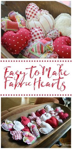 two pictures with hearts and the words easy to make fabric hearts in red, white and green