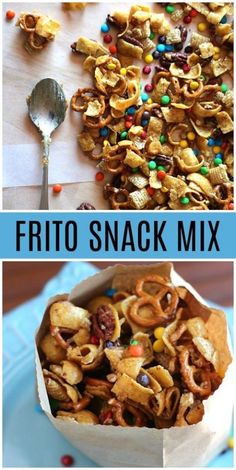 two pictures with the words frito snack mix on them