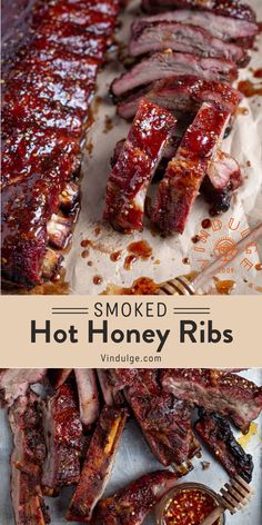 smoked hot honey ribs with bbq sauce on top and in the background text reads smoked hot honey ribs