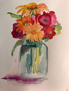 watercolor painting of flowers in a glass vase