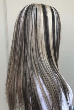 Diagonal Slice Highlights, Blind Highlights On Dark Hair, Dark Brown Hair With Peekaboos Blonde, Black And Blonde Hair Highlights, Black Lowlights In Blonde Hair, Black Highlights On Blonde Hair, Skunk Hair Ideas, Feathering Haircut, Black Highlights In Blonde Hair