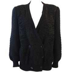 This is a Valentino design. This cardigan style jacket features front Broadtail panels and a quilted knit. The jacket is silk lined and double breast style. Made in Italy. Measures (Approximately) Length: 28.5" Sleeve: 25" Bust: 44" Waist: 38"-42" Valentino Jacket, Jackets Black, Cardigan Style, Knit Sleeve, Double Breasted Jacket, Cardigan Fashion, Knit Jacket, Quilted Jacket, Double Breasted