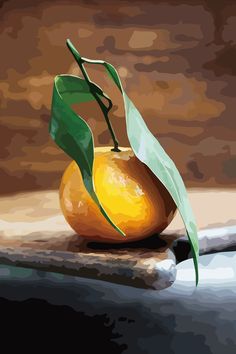 an orange sitting on top of a table next to a green leafy plant in a vase