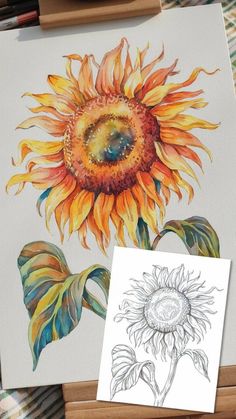 Vibrant sunflower painting with a smaller black and white sketch of the same sunflower. Future Painting, Sunflower Printable, Flower Templates Printable