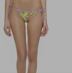 Nwt Yellow With Botanical Pattern And Purple Gingham Trimtie Sides With Metal Detail Size L F7 Floral Print Stretch Swimwear With Tie-side Bottom, Printed Tie-side Bottoms For Summer, Printed Fitted Bottoms For Beach, Floral Print Fitted Bottoms For Poolside, Poolside Floral Print Fitted Bottoms, Summer Floral Print Tie-side Bottoms, Floral Print Tie-side Bottoms For Beach, Printed Fitted Beachwear Bottoms, Printed Fitted Swimwear With Tie-side Bottom