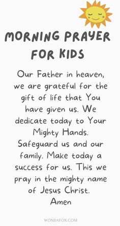 a card with the words morning prayer for kids