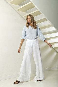 "Extra wide leg linen pants with high waistline. There are so many highlights about this m a s t e r p i e c e from linen! High and slim fitting waistline has hidden zipper and slightly elasticated back waistline for comfort and better fit. Full length pants are straight and very wide on the bottom, what creates the powerful silhouette to slim and flatter. Heavy and double washed linen turns it all into standout outfit for countless occasions - from front-row to nature walk. Enjoy our modern tou Flared Linen Pants, White Linen Pants Outfit, Linen Pants Style, High Waisted Linen Pants, Wide Leg Pants High Waisted, Women Wide Leg Pants, Trousers High Waisted, Wide Leg Linen Trousers, Linen Kimono