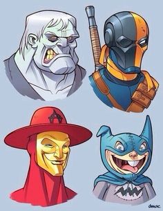 four different types of cartoon characters with masks on their faces and mouths, all in different colors