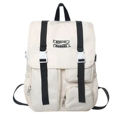 a white backpack with black straps on the front and side pockets, which are attached to two