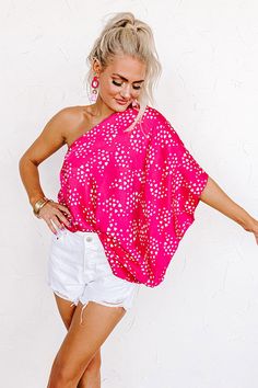 We definitely think you should add this dreamy hot pink shift top to your cart! It features lightweight breezy material patterned with an abstract white geometric print, a diagonal neckline and upper back with a single loose half sleeves, and an ultra slouched silhouette that drapes into a straight elastic hemline with a draped finish! Measurements S : Bust 34", Hip 32", Length 23", Sleeve Length 16", Waist 34". M : Bust 36", Hip 34", Length 23", Sleeve Length 16", Waist 36". L : Bust 38", Hip 3 Impressions Online Boutique, Model Fits, Women Clothing Boutique, In Hot, High Waisted Shorts, Online Womens Clothing, Geometric Print, Boutique Clothing, Half Sleeves