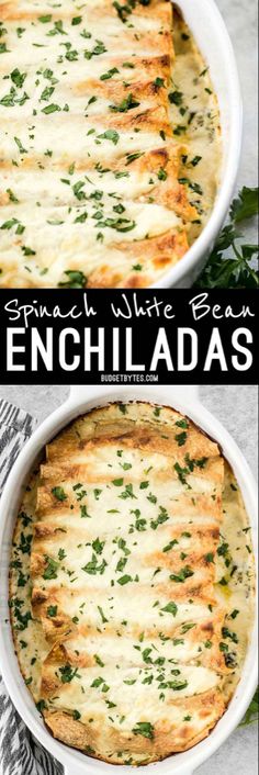 spinach and white bean enchiladas in a casserole dish with text overlay