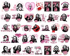 a bunch of stickers that are on a white surface with black and pink designs