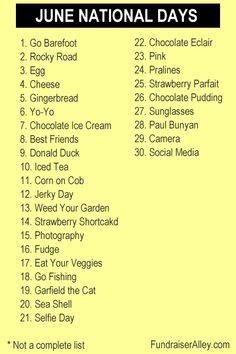 the june national days list is shown in black and yellow