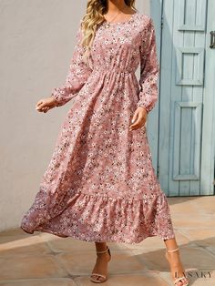 1 Pink Non-stretch Long Sleeve Maxi Dress, Pink Long Sleeve Non-stretch Maxi Dress, Modest Pink Maxi Dress For Fall, Casual Pink Floral Dress For Fall, Fall Pink Printed Maxi Dress, Pink Printed Maxi Dress For Fall, Fall Season Pink Printed Maxi Dress, Pink Flowy Floral Dress For Fall, Flowy Pink Floral Dress For Fall