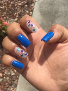 Butterfly Square Nails, Acrylic Nail Designs Butterfly, Blue Butterfly Nails Short, Navy Blue Butterfly Nails, Cute Short Acrylic Nails Blue Butterfly, Royal Blue Acrylic Nails Butterfly, Blue Butterfly Nails, Nail Ideas Butterflies Blue, Nail Art Papillon