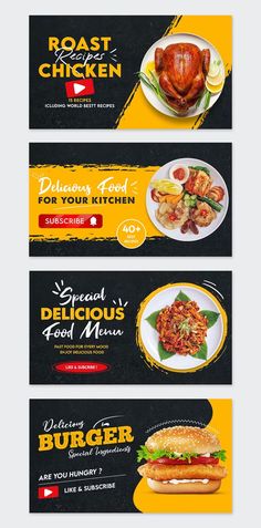 three banners with different food items on them