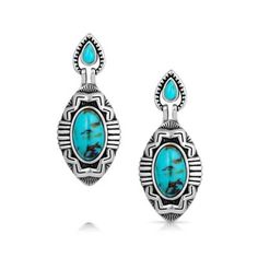 Add a Southwest feel to any look with these showstopping and bold earrings! The Blue Mesa Turquoise Earrings feature a gorgeous Southwest style etching in a beautiful silver tone that frames the center oval turquoise stone. A light antiquing shows the details in the design giving the earrings a more dynamic look. The oval piece hangs below a smaller teardrop shaped turquoise stone framed by open cut silver tone which secures the earrings to a hypoallergenic post back wire. Stone color may vary. Blue Oxidized Finish Jewelry, Blue Oxidized Finish Earrings, Southwest Design, Bold Earrings, Tractor Supply, Southwest Style, Accessories Jewelry Earrings, Turquoise Earrings, Women Accessories Jewelry