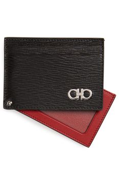 A swivel-hinged ID slot in contrasting red leather slides out from a rich, textured calfskin leather card case branded with a double-Gancio logo emblem. Style Name:Salvatore Ferragamo Revival Calfskin Leather Card Case. Style Number: 5427525. Red Formal Card Holder With Rfid Blocking, Modern Leather Wallets With Logo Plaque, Luxury Red Wallets With Interior Card Slots, Designer Business Wallets With Interior Card Slots, Elegant Red Wallets For Business, Elegant Red Wallet For Business, Designer Formal Wallet In Textured Leather, Designer Bifold Card Holder For Business, Designer Bifold Business Card Holder