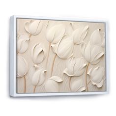 a white wall mounted on the side of a wooden panel with flowers painted on it