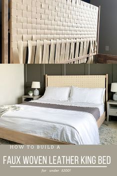 a bed that has been made with white sheets and pillows on it, next to an image of the headboard