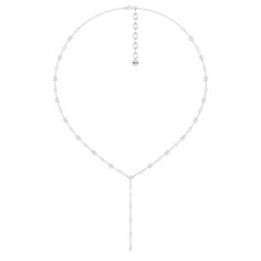 A elegant necklace with effortless appeal. This diamond station lariat necklace is a versatile piece that can be worn with an assortment of outfits. It has a Y-shaped chain adorned with prong-set diamonds that are evenly spaced for a clean look. The rounded upper part of the necklace features round and princess-cut diamonds while the linear drop that forms the Y tail has pear-cut diamonds. Classic Lariat Necklace With Delicate Chain For Formal Occasions, Classic Formal Lariat Necklace With Delicate Chain, Fine Jewelry Delicate Chain Backdrop Necklace For Formal Occasions, Formal Fine Jewelry Backdrop Necklace With Delicate Chain, Elegant Lariat Diamond Necklace With Delicate Chain, Minimalist Lariat Diamond Necklace For Formal Events, Elegant White Gold Backdrop Necklace With Adjustable Chain, Elegant White Gold Lariat Chain Necklace, White Lariat Necklace With Delicate Chain For Formal Events