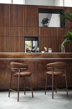 two stools sitting in front of a bar with plants on the counter and potted plant