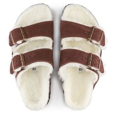 Arizona Suede Leather | shop online at BIRKENSTOCK Shearling Sandals With Faux Fur Lining And Round Toe, Winter Shearling Sandals With Round Toe, Round Toe Sandals With Faux Fur Lining In Shearling, Casual Shearling Sandals For Winter, Winter Shearling Slippers With Textured Footbed, Shearling Open Toe Sandals With Cushioned Footbed, Birkenstock Sandals Women, Xmas List, Birkenstock Sandals