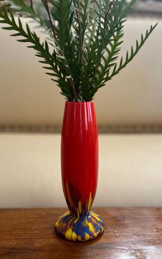 a red vase filled with green plants on top of a wooden table