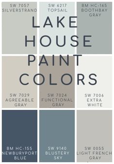 the color scheme for lake house paint colors is shown in shades of gray, blue and white