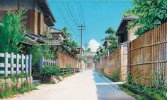 a painting of an alley way with houses and trees on both sides, surrounded by greenery