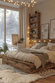 a bedroom with a large bed and lots of lights