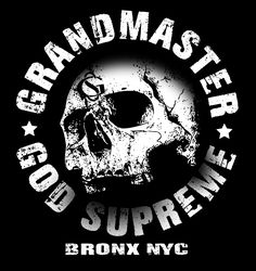 a black and white photo of a skull with the words grand master supreme on it