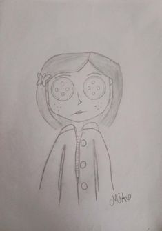 a drawing of a girl with big eyes wearing a coat and holding a flower in her hand