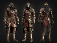 three different armors are shown in this image, one is gold and the other is black