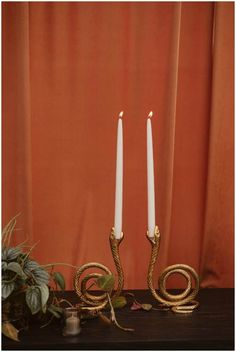 two white candles sitting on top of a table next to a potted plant and orange curtain