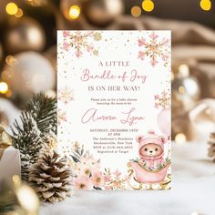 Pink Bear Christmas Winter Girl Baby Shower  Invitation Snowflake Invitations, Winter Girl, Pink Bear, Pink Teddy Bear, Winter Girls, Baby Shower Invites For Girl, Christmas Winter