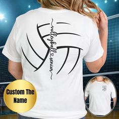 a woman wearing a t - shirt that says custom the name and volleyball ball on it