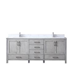 a double sink vanity with marble top and two sinks on each side, in front of a white background