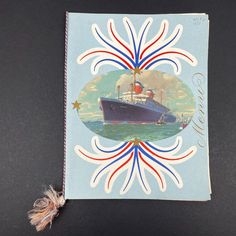 an old postcard with a cruise ship in the middle and fireworks coming out of it