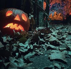 two carved pumpkins sitting in the middle of leaves