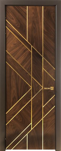 a wooden door with gold lines on the front and side panels, in an art deco style